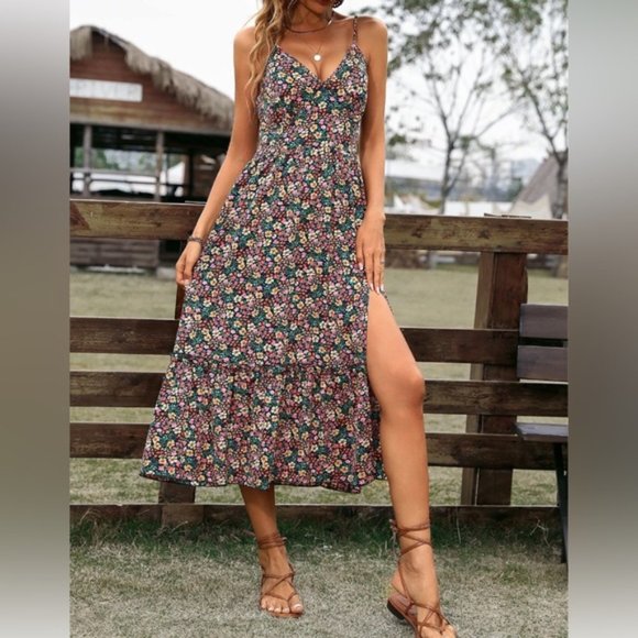 Boho Ditsy Floral Print Split Thigh Cami Dress - Picture 5 of 7